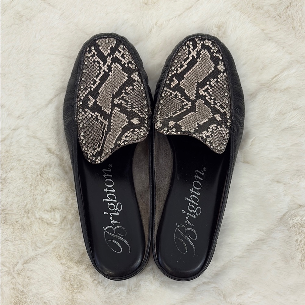 Women’s Slip-Ons, Brighton, Size 6.5, Black/Snakeskin, Leather